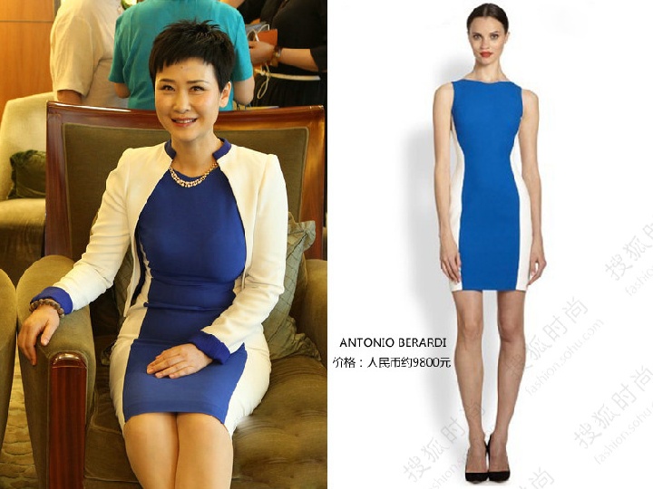 2013年7月3日‚李小琳身着意大利设计师antonio berardi蓝白色拼接修身短裙亮相‚尽显