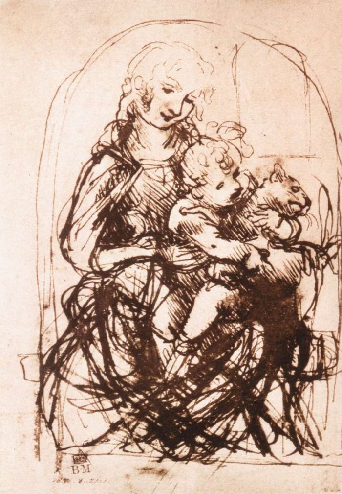 达芬奇圣母子和猫素描