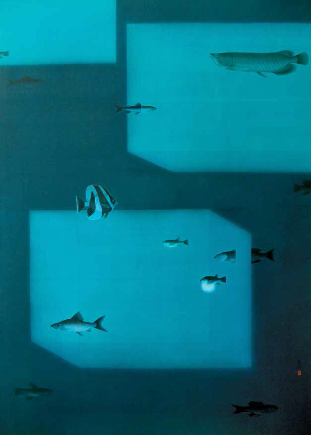 梁桂锋 浮在空中的水与游鱼之一 绢本设色 180×130cm 2014