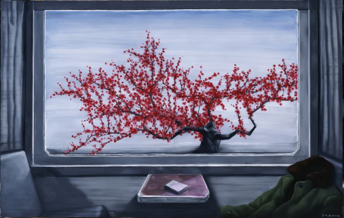 《車窗—紅梅》布面油畫 北京 69.4×118.5cm 1981