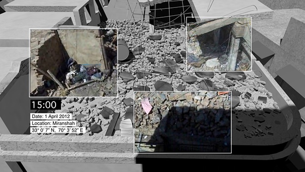 Forensic Architecture建筑团队和SITU 研究所合作于2012年的作品《米兰夏的无人机袭击》（A Drone Strike in Miranshah）