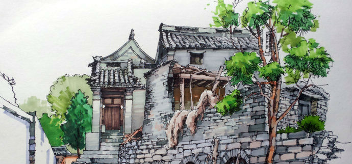 国人画师卢国新的马克笔建筑绘画写生作品欣赏