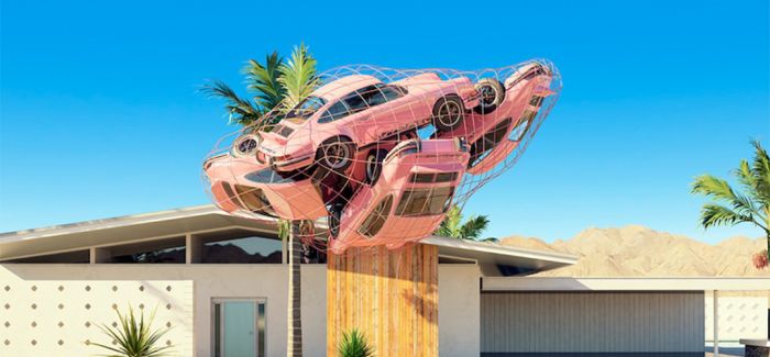 棕榈泉里超现实主义的保时捷汽车