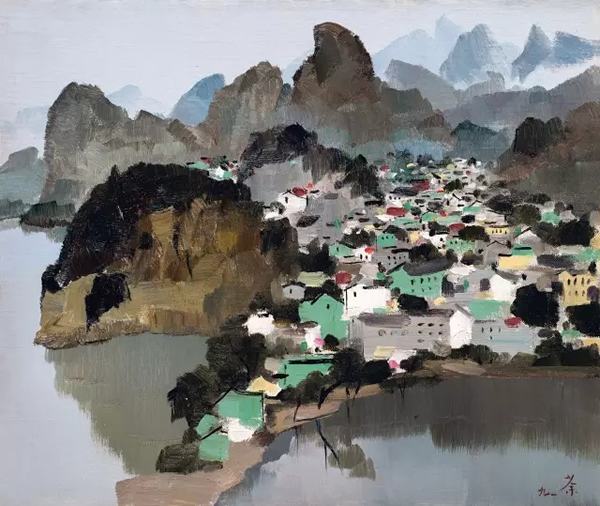 吴冠中 《桂林》 1991 年作 油彩画布裱于木板 44 x 53 cm。 估价：HK$ 15，000，000 - 25，000，000