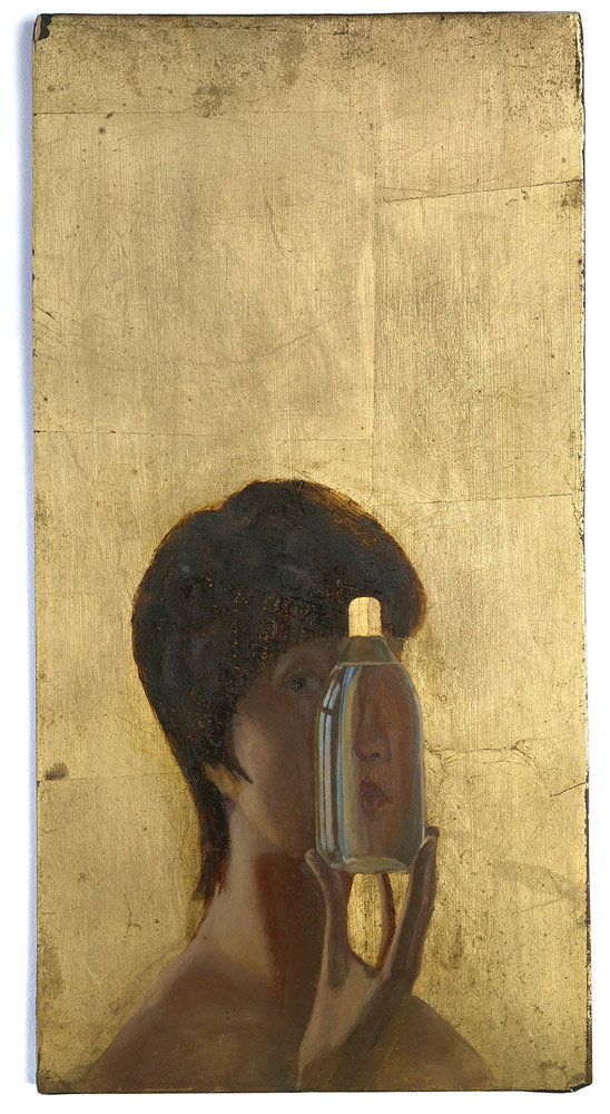 田园，《自画像之四》，《 Self-Portrait No. 4》，40x20.5cm，坦培拉，木板铜箔油画，Tempera, Gold Leaf, and Oil Paint on Wood，2000