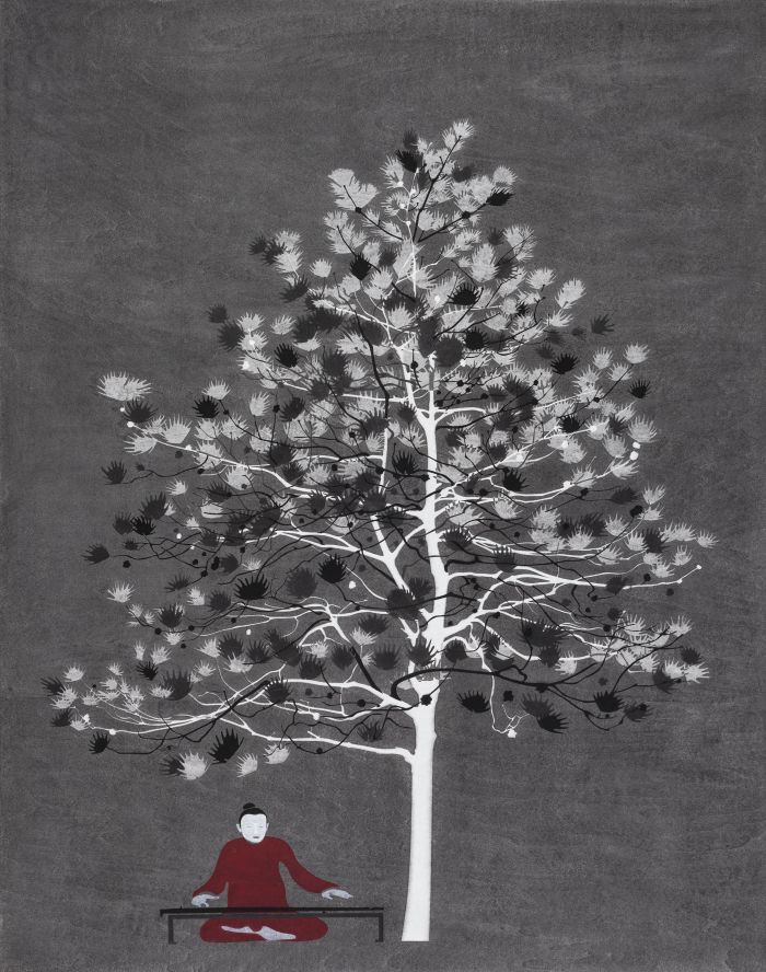 松下抚琴Ⅲ Playing Qin under the PineⅢ 图纸107x99cm 图心106x84cm 水印版画Woodblock Print 2014(1)