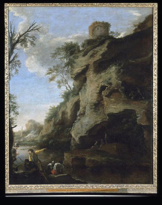 《在岩石海岸研究作战计划的士兵》（A Rocky Coast， With Soldiers Studying A Plan），Salvator Rosa，1640年代