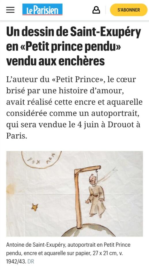 <p>根据法媒今日消息，《小王子》的作者安托万·圣埃克苏佩里（Antoine de Saint-Exupéry，1900年6月29日-1944年7月31日）的一幅画作将于6月4日拍卖。目前预估起拍价8万欧元。</p>