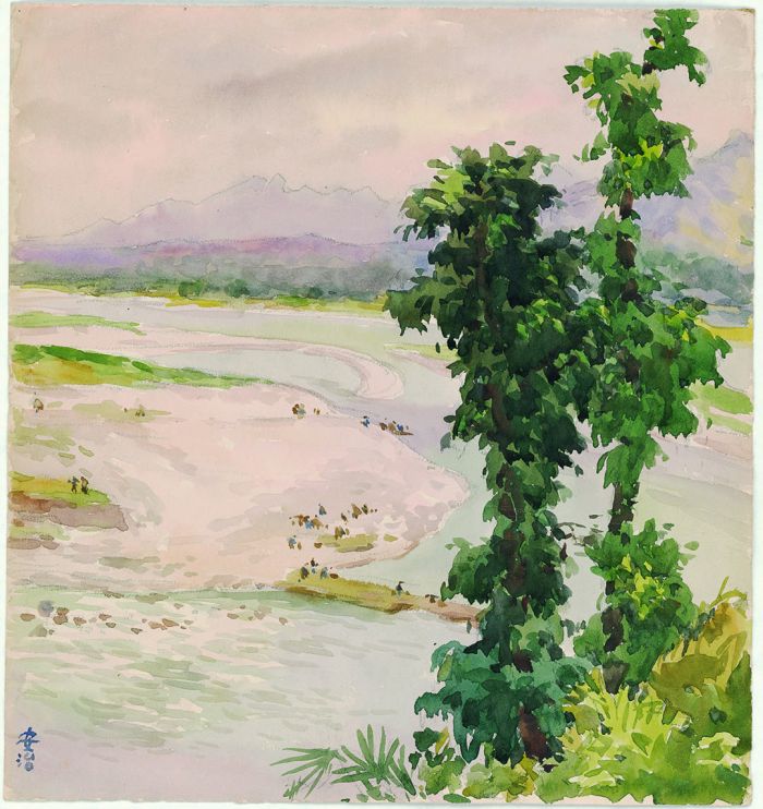 张安治，都江堰口，水彩纸，32.1cm x29cm ，20世纪40年代