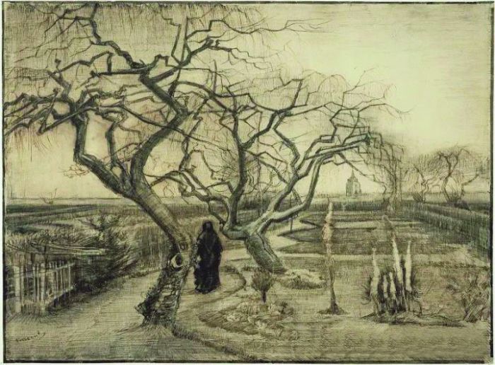 梵高《冬日花园》，1884年3月，铅笔和钢笔画，阿姆斯特丹梵高博物馆藏