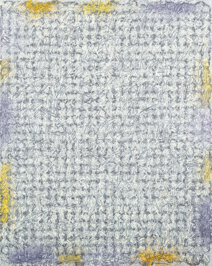 陈墙《红黄蓝-白黄》布上宣纸、墨、油画（或：综合材料），100x80 cm，2018年