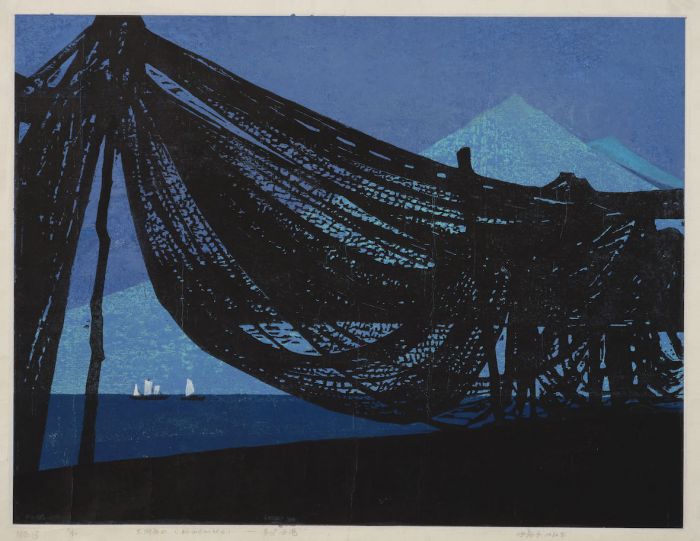 张新予 春染渔港（又名太湖夜曲） 套色水印 46×61cm 1984年