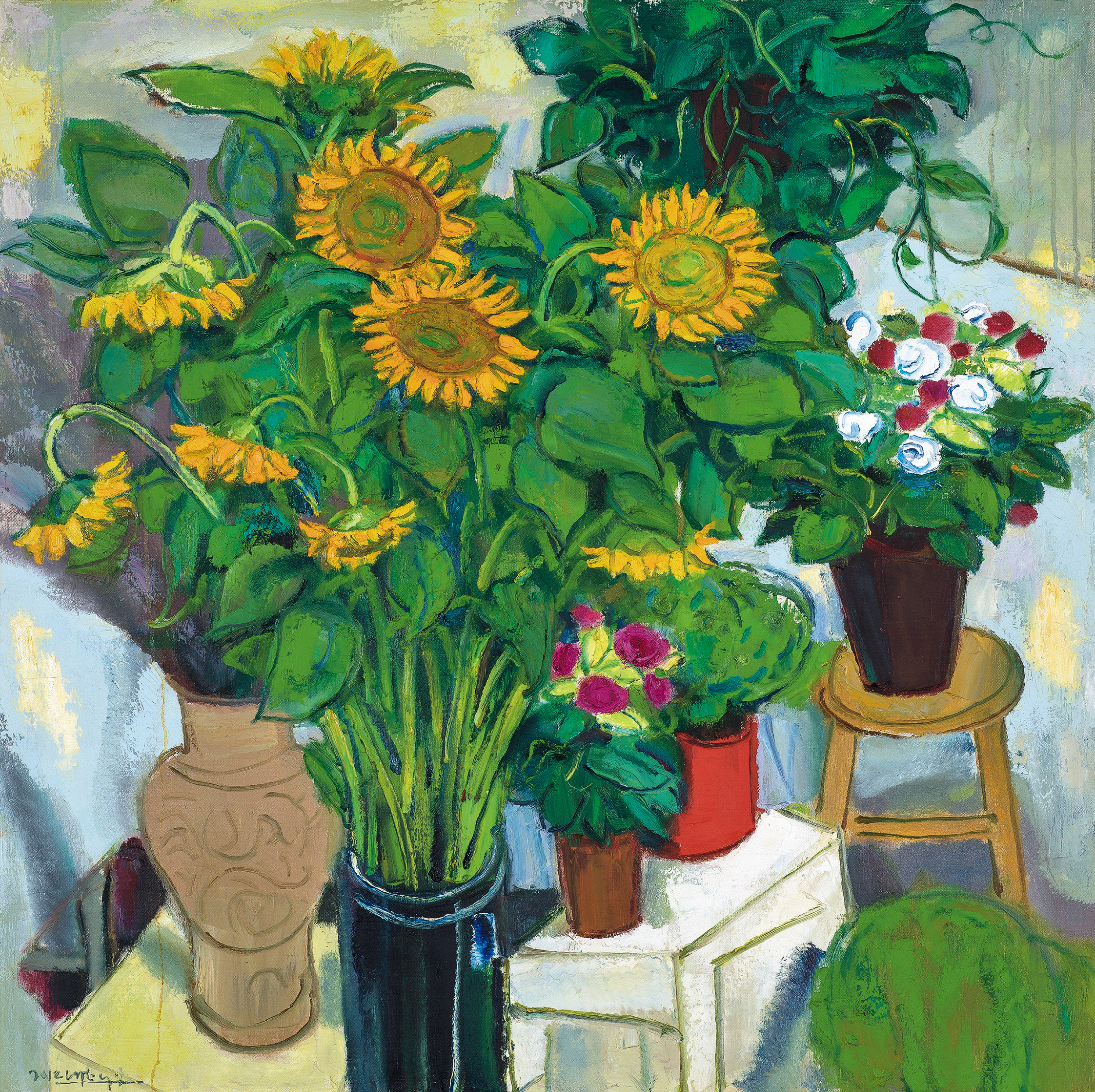 陈钧德，《向日葵与鲜花》，布面油彩，100 × 100 cm，2012
