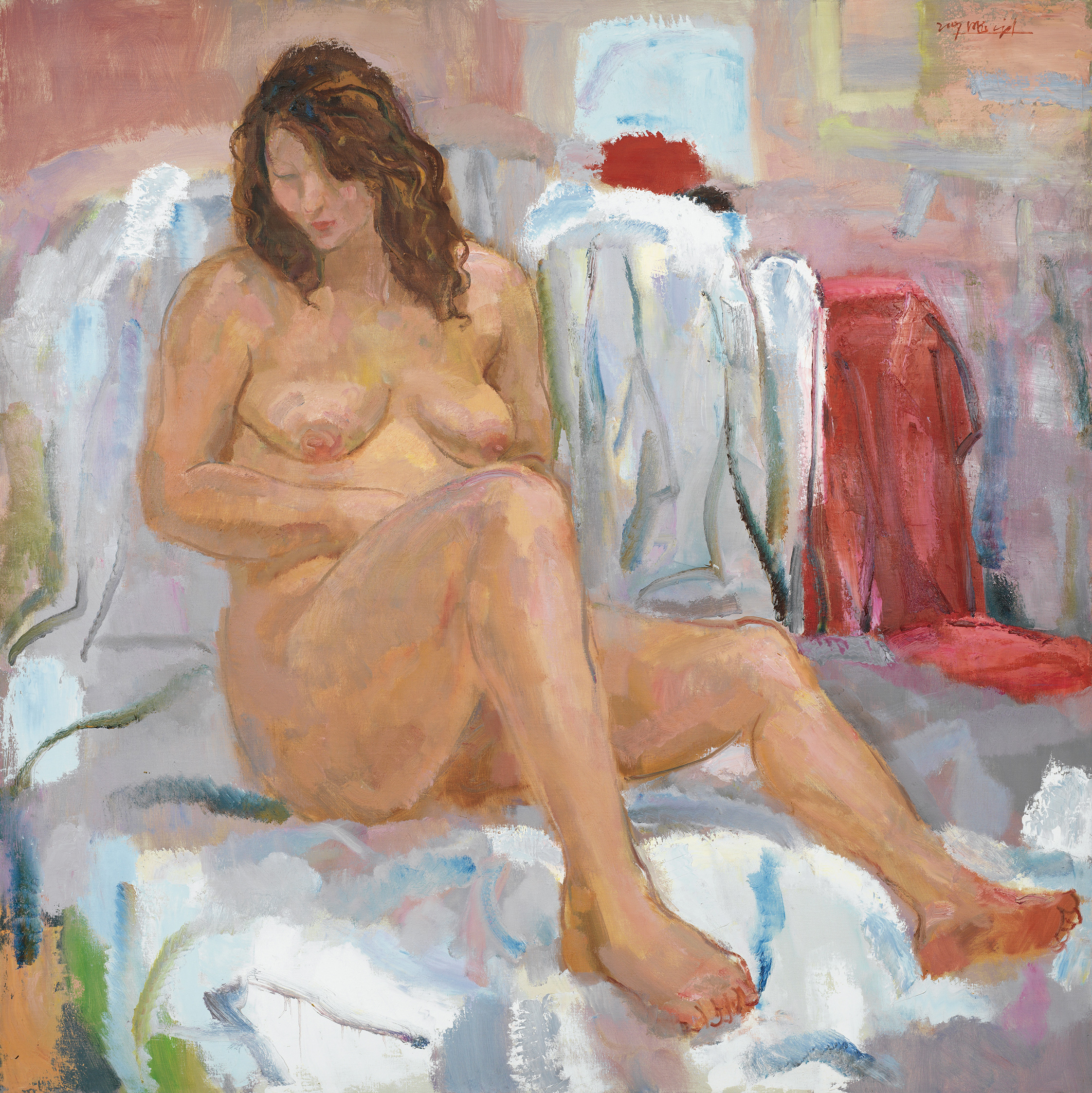 陈钧德，《坐靠着的女人体》，布面油彩，150 × 150 cm，2007