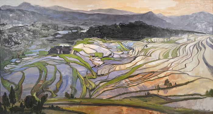 徐里的作品融通中外，用油画呈现中国大地的壮美恢弘，同时又将传统山水画的章法、意韵贯穿其中，相得益彰